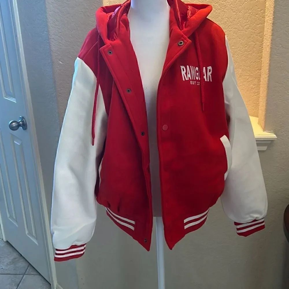 Rawgear Mens Size Small Varsity Bomber Jacket Red White Hooded Snap Front NWT